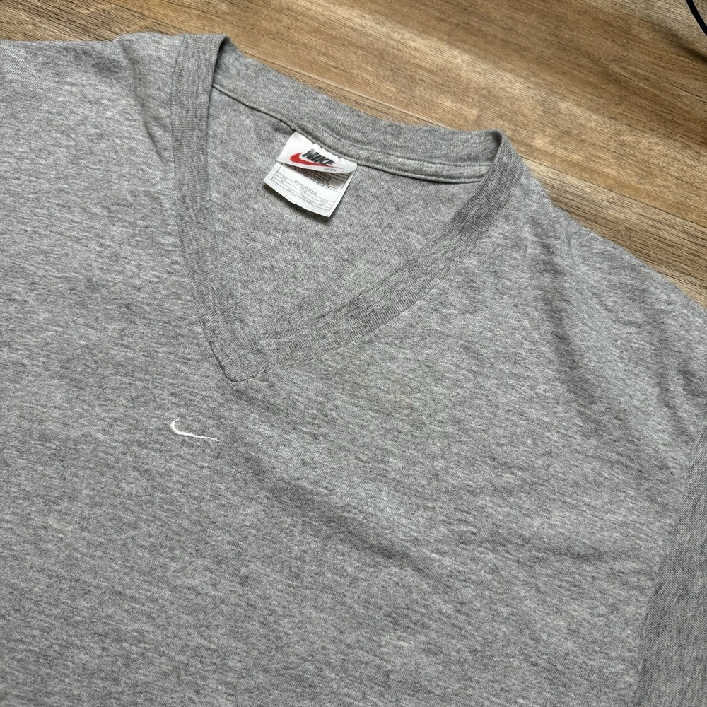 Vintage Nike T-Shirt Mens Medium Gray V-Neck Center Swoosh Made in USA 90s